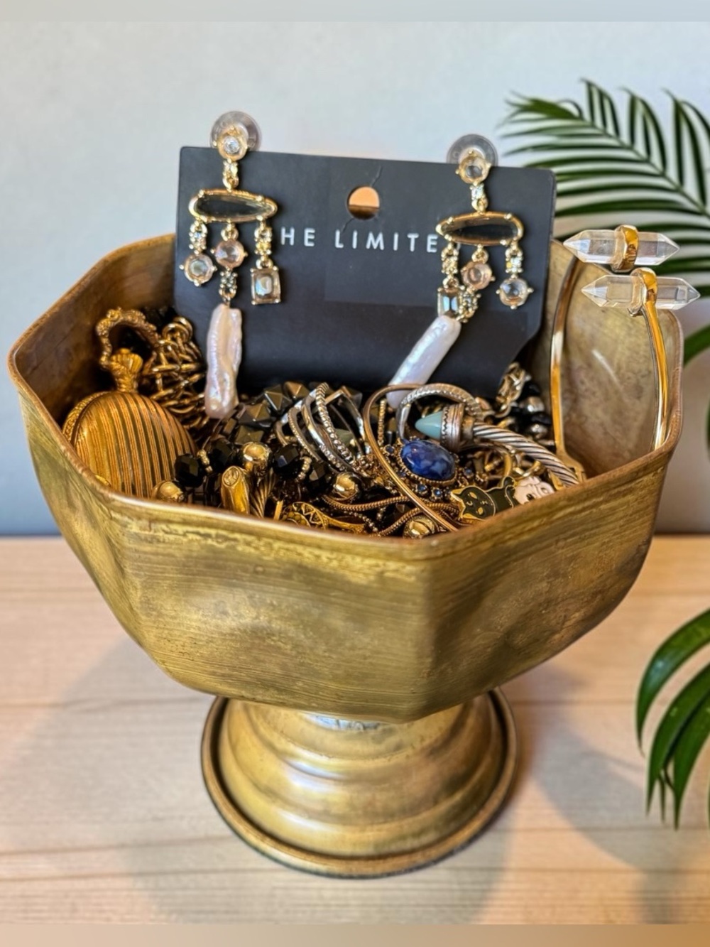 Mystery Jewelry Jar – Fashion Jewelry Lot in Decorative Gold-Tone Pedestal Bowl